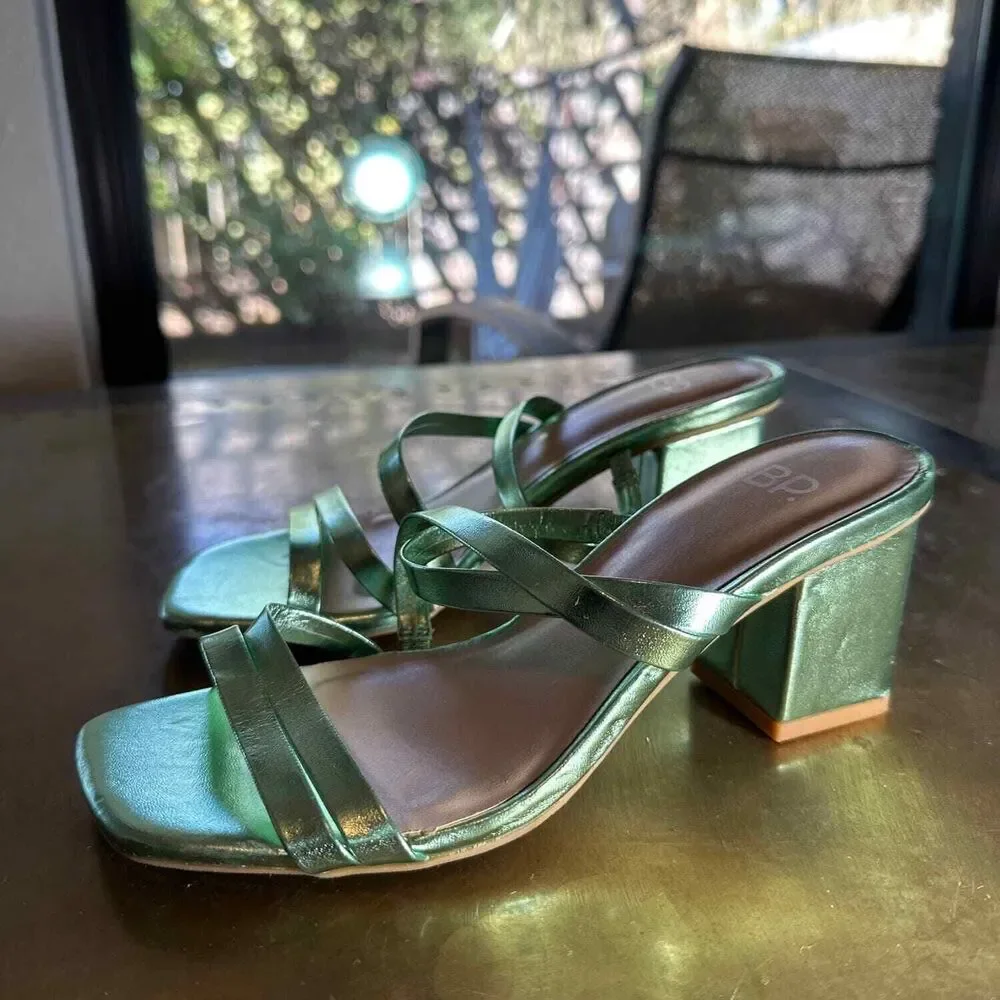 BP Slide Sandals 5.5 Slip On Y2K Formal Wedding Retro Minimalist Metallic Green